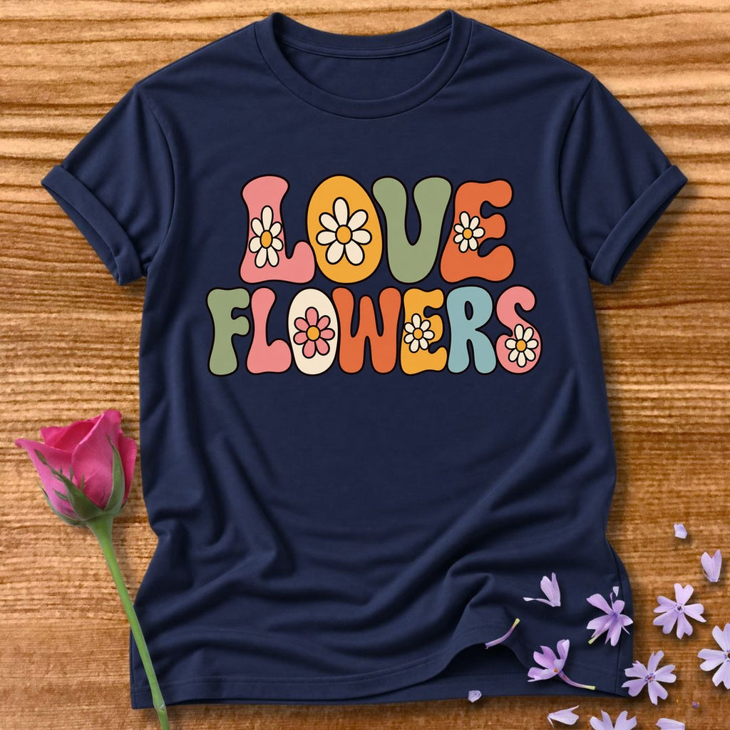 Love Flowers — Retro Groovy Daisy T-Shirt for Women in Navy