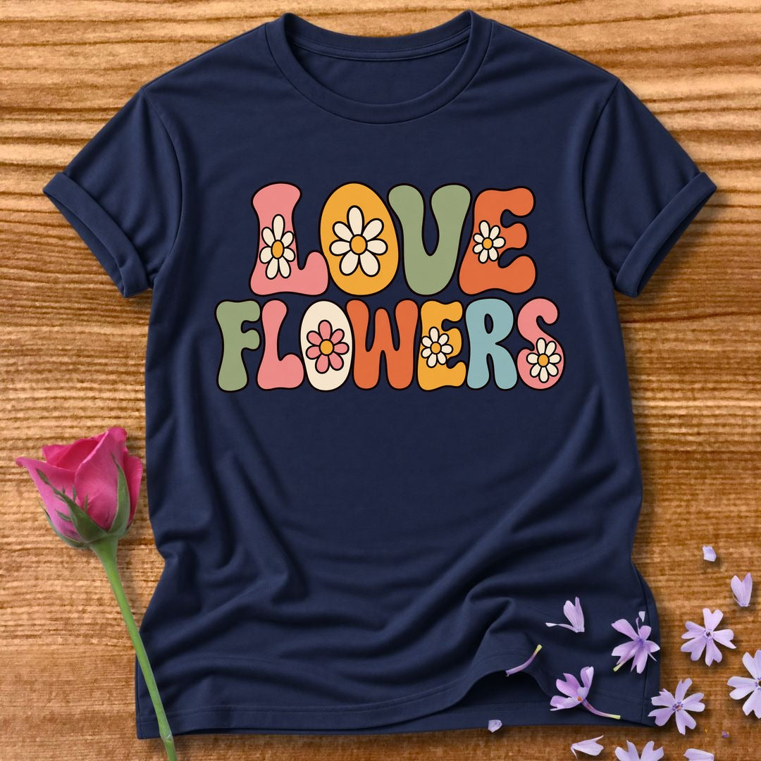 Love Flowers — Retro Groovy Daisy T-Shirt for Women in Navy