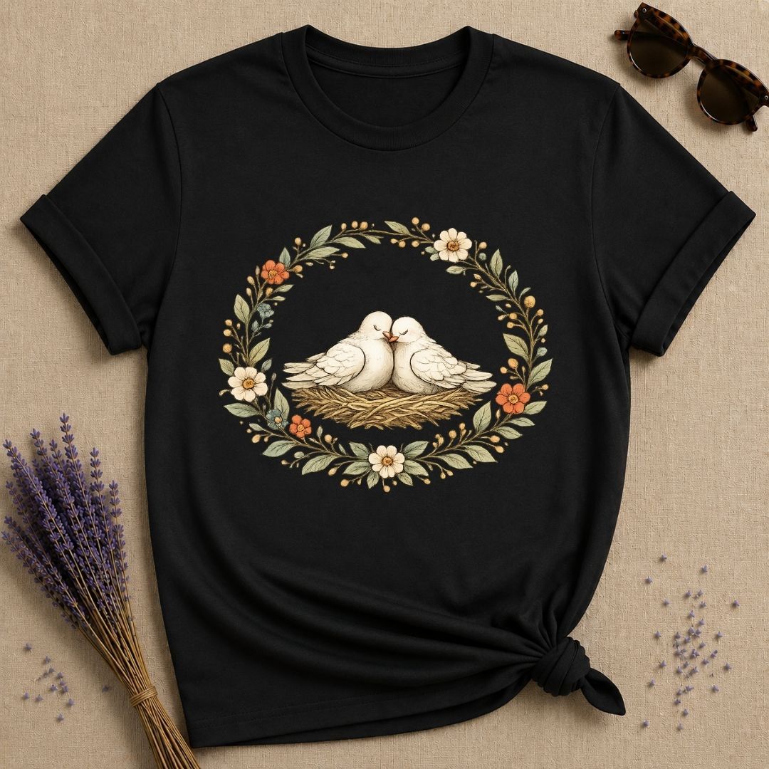 Lovebirds in a Nest — Botanical Floral Wreath Graphic T-Shirt for Women in Black