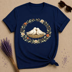 Lovebirds in a Nest — Botanical Floral Wreath Graphic T-Shirt for Women in Navy