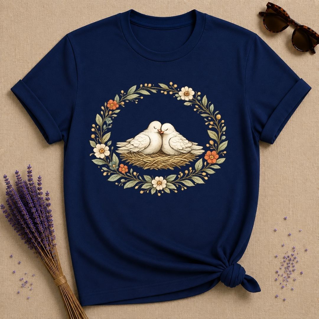 Lovebirds in a Nest — Botanical Floral Wreath Graphic T-Shirt for Women in Navy