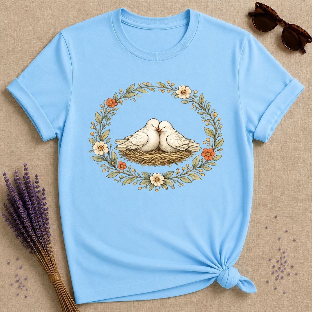 Lovebirds in a Nest — Botanical Floral Wreath Graphic T-Shirt for Women in Sky