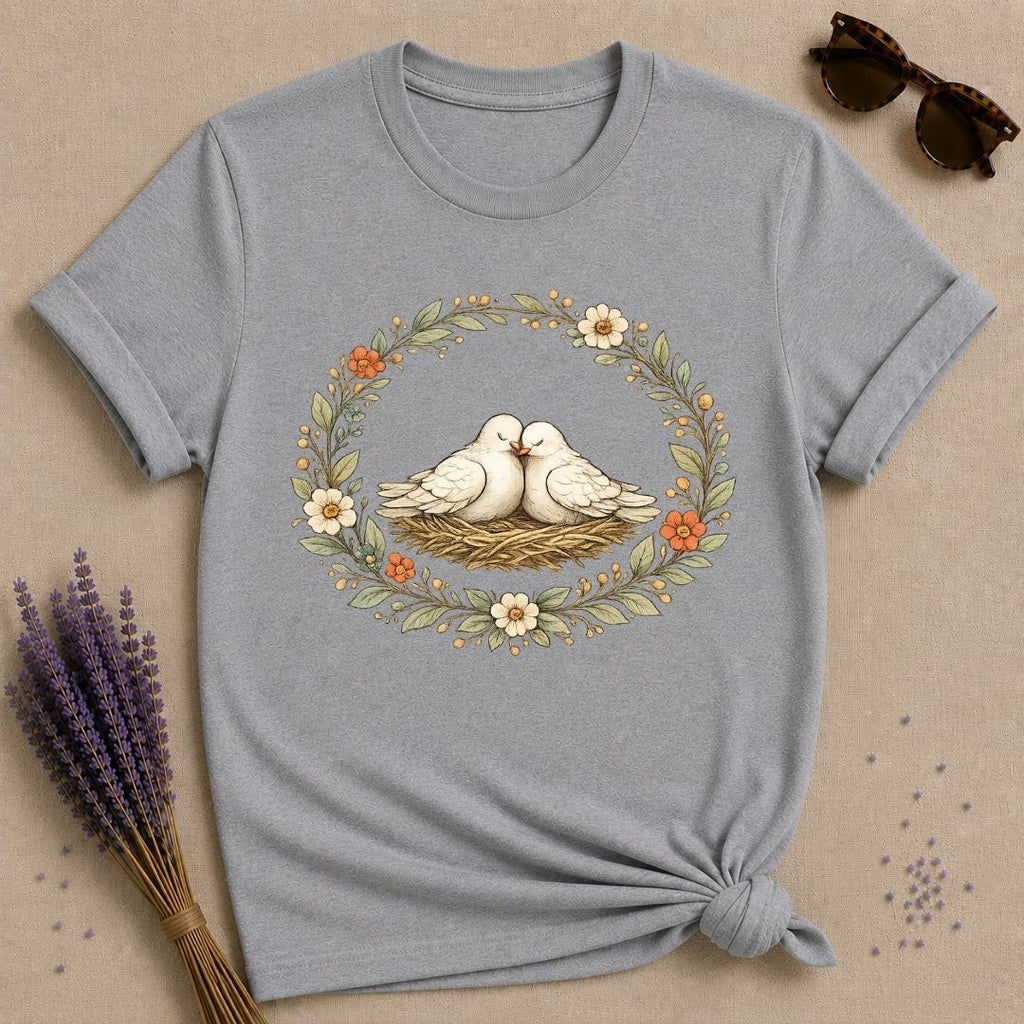 Lovebirds in a Nest — Botanical Floral Wreath Graphic T-Shirt for Women in Sport Grey
