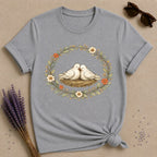Lovebirds in a Nest — Botanical Floral Wreath Graphic T-Shirt for Women in Sport Grey