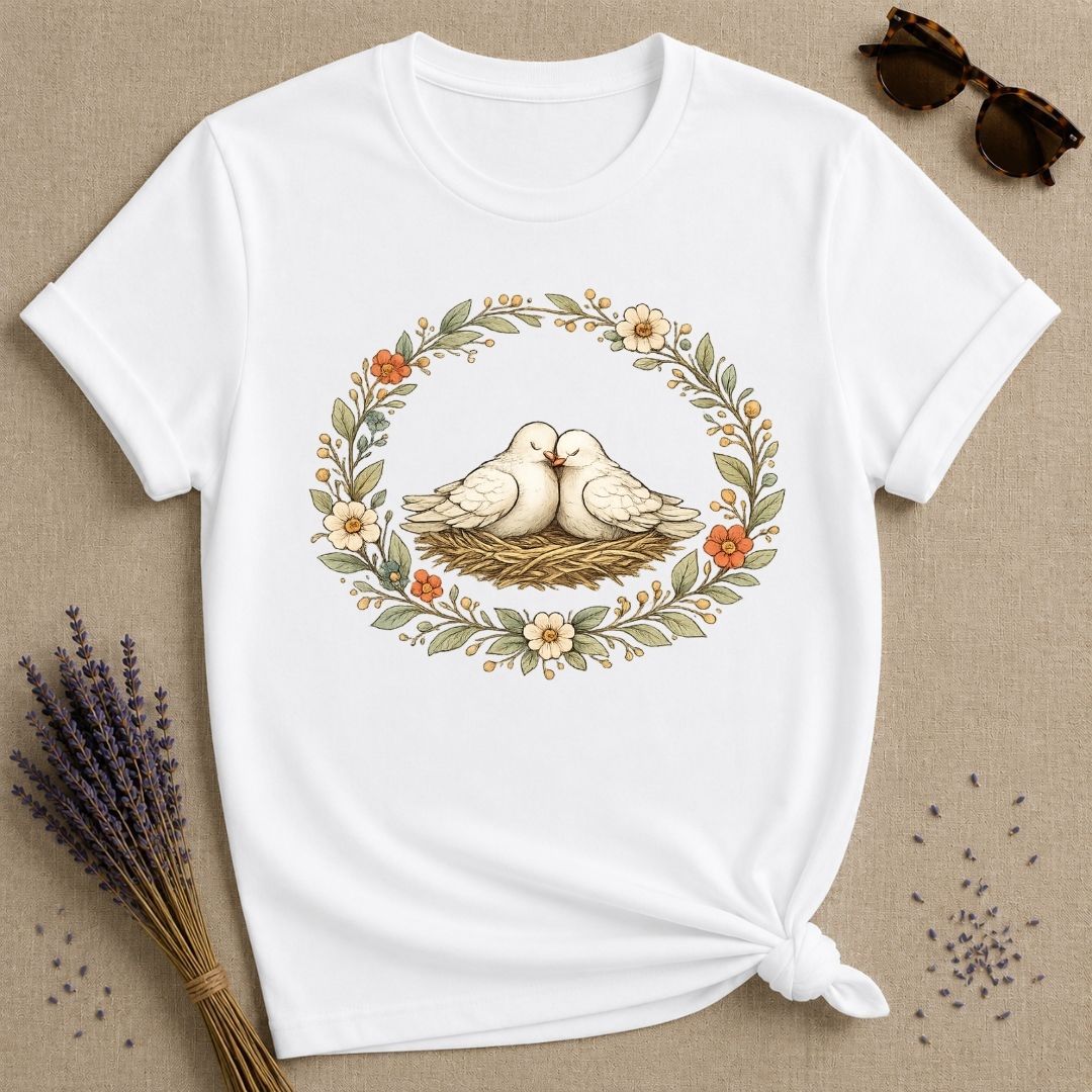 Lovebirds in a Nest — Botanical Floral Wreath Graphic T-Shirt for Women in White