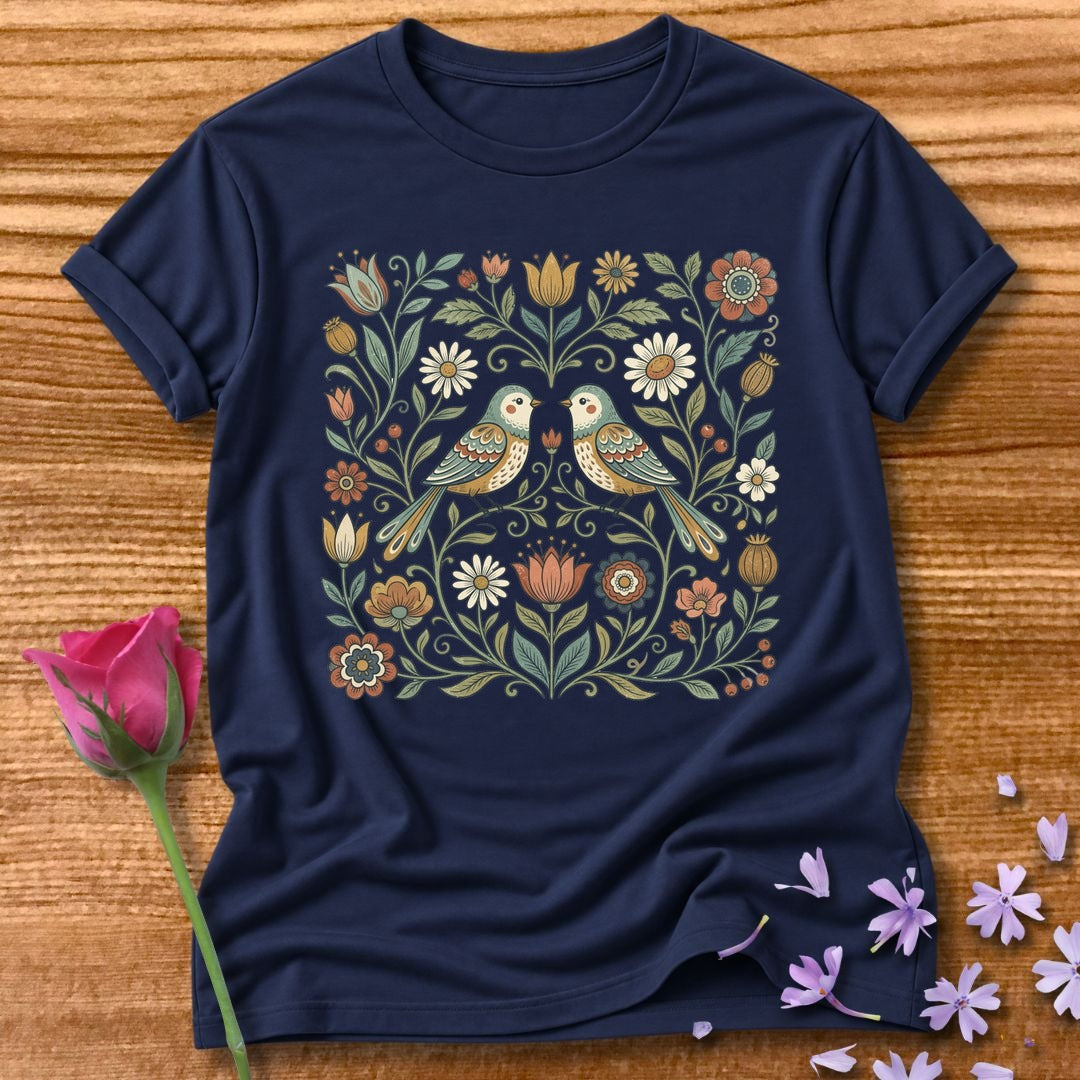 Lovebirds in the Garden — Vintage Floral Folk Art in Navy