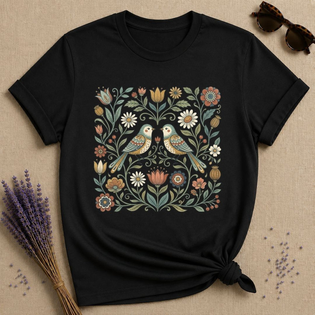 Lovebirds in the Garden — Vintage Floral Folk Art T-Shirt for Women in Black