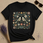 Lovebirds in the Garden — Vintage Floral Folk Art T-Shirt for Women in Black