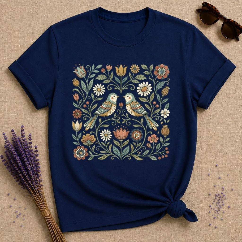 Lovebirds in the Garden — Vintage Floral Folk Art T-Shirt for Women in Navy