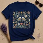Lovebirds in the Garden — Vintage Floral Folk Art T-Shirt for Women in Navy