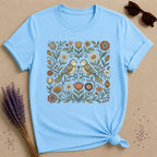 Lovebirds in the Garden — Vintage Floral Folk Art T-Shirt for Women in Sky