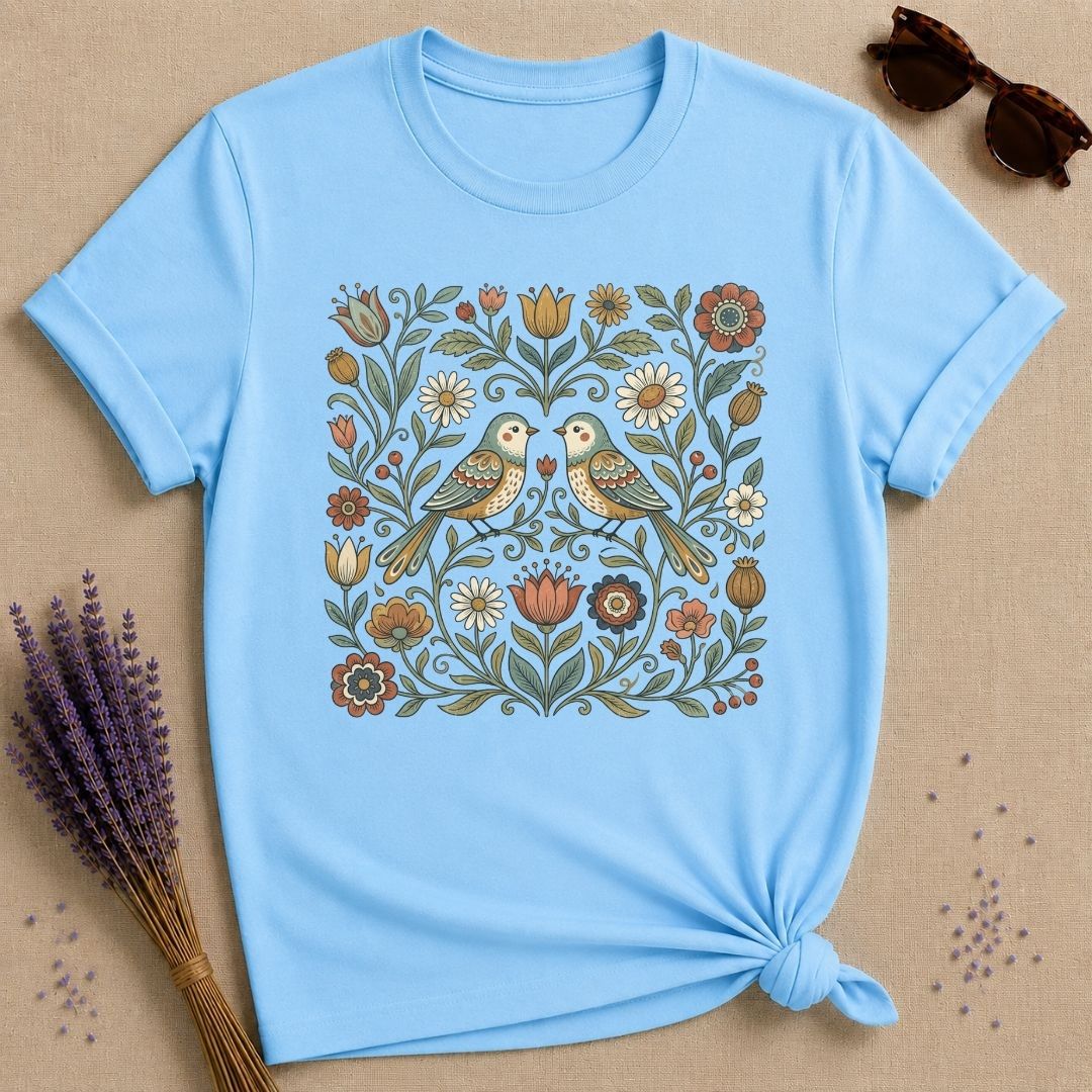 Lovebirds in the Garden — Vintage Floral Folk Art T-Shirt for Women in Sky
