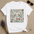 Lovebirds in the Garden — Vintage Floral Folk Art T-Shirt for Women in White