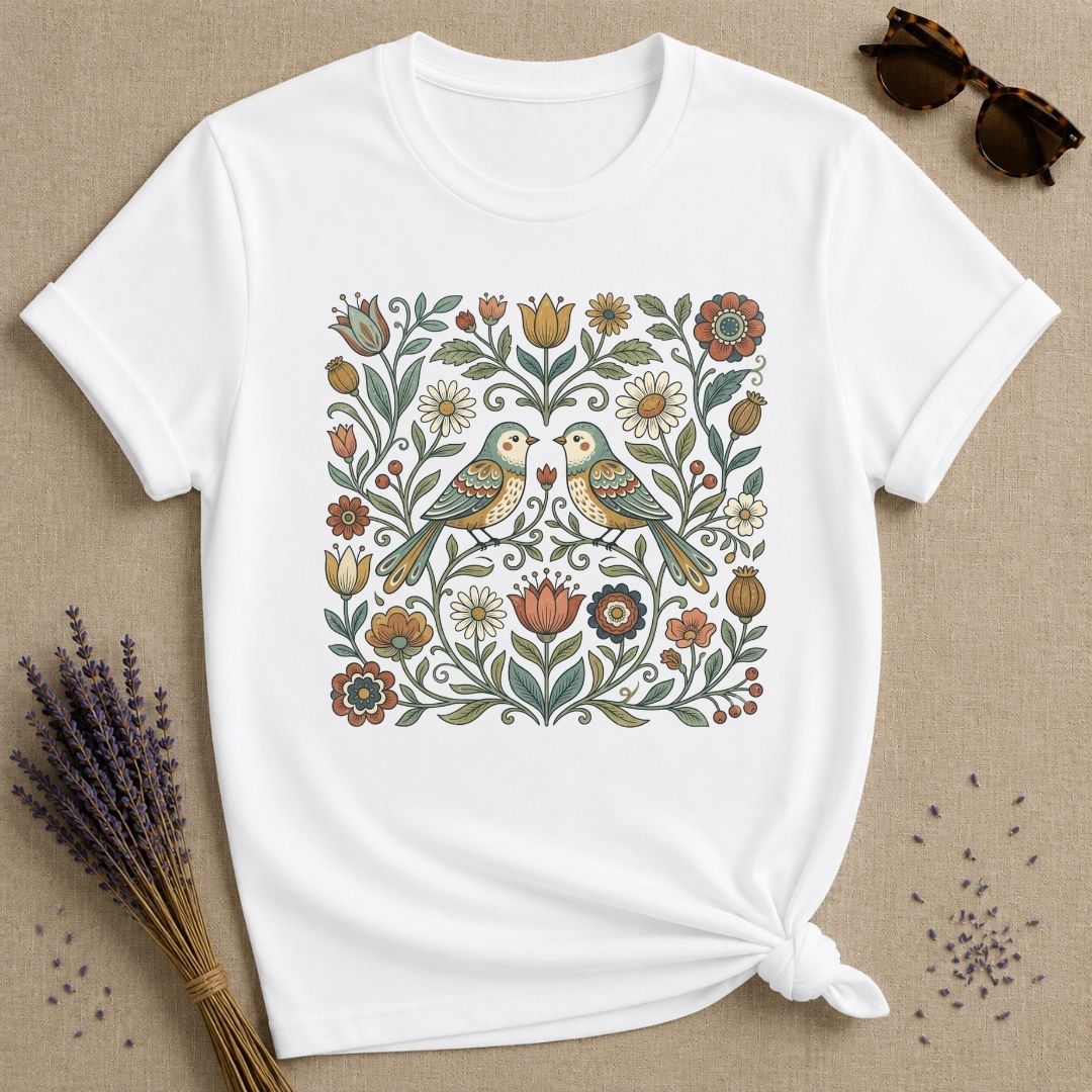 Lovebirds in the Garden — Vintage Floral Folk Art T-Shirt for Women in White