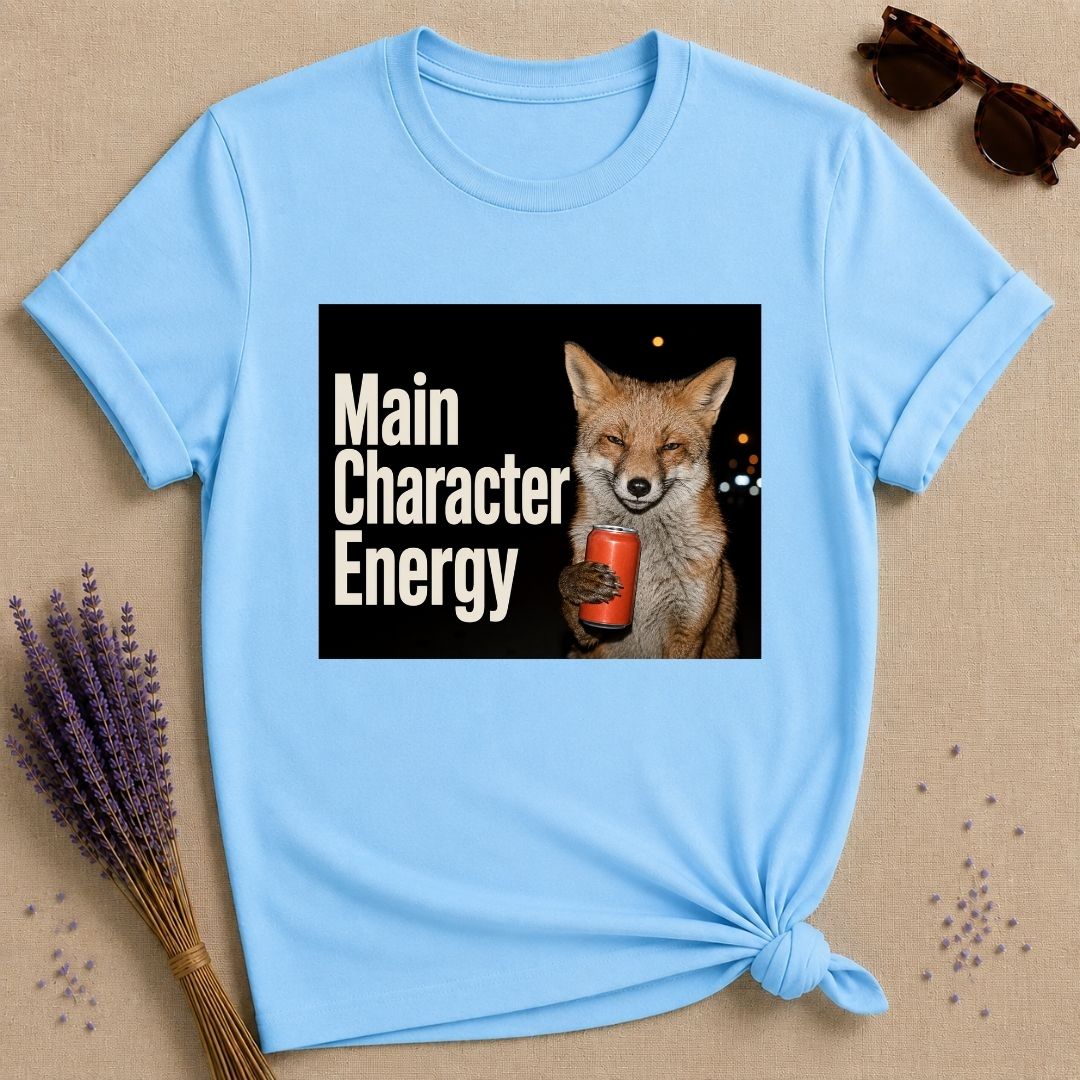 Main Character Energy — Photorealistic Fox Graphic T-Shirt for Women in Sky