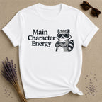 Main Character Energy — Vintage Raccoon Sticker Graphic T-Shirt for Women in White