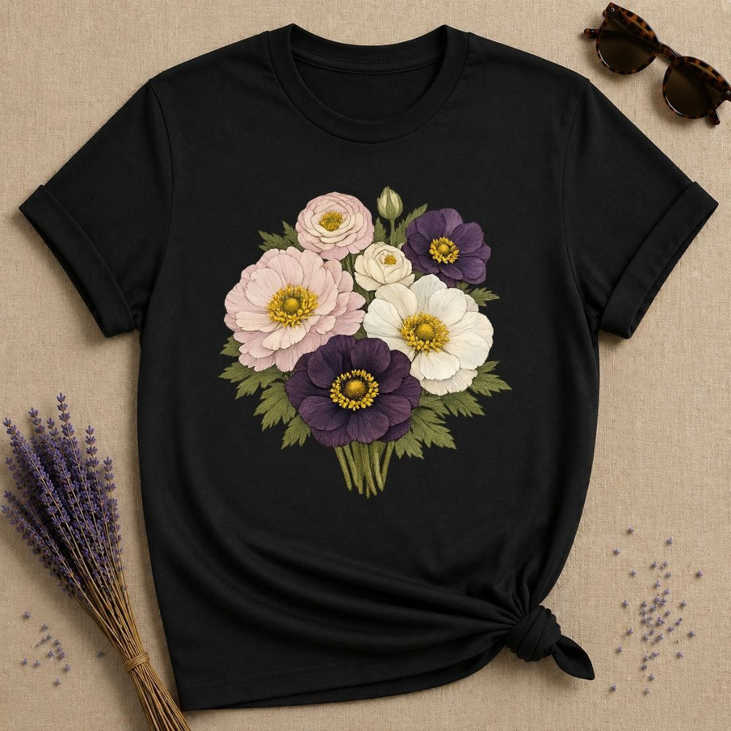 Mixed Anemone Bouquet — Botanical Illustration Graphic T-Shirt for Women in Black