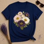 Mixed Anemone Bouquet — Botanical Illustration Graphic T-Shirt for Women in Navy