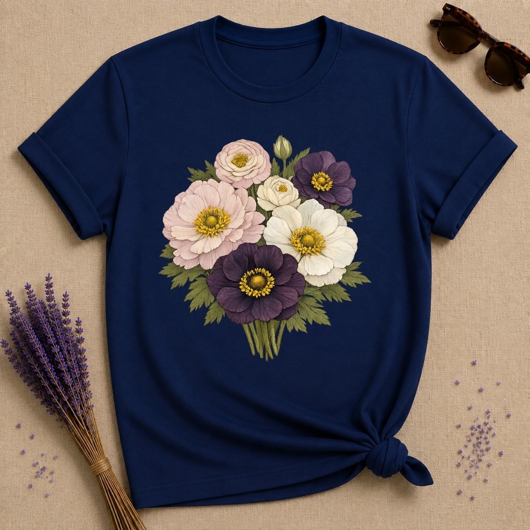 Mixed Anemone Bouquet — Botanical Illustration Graphic T-Shirt for Women in Navy