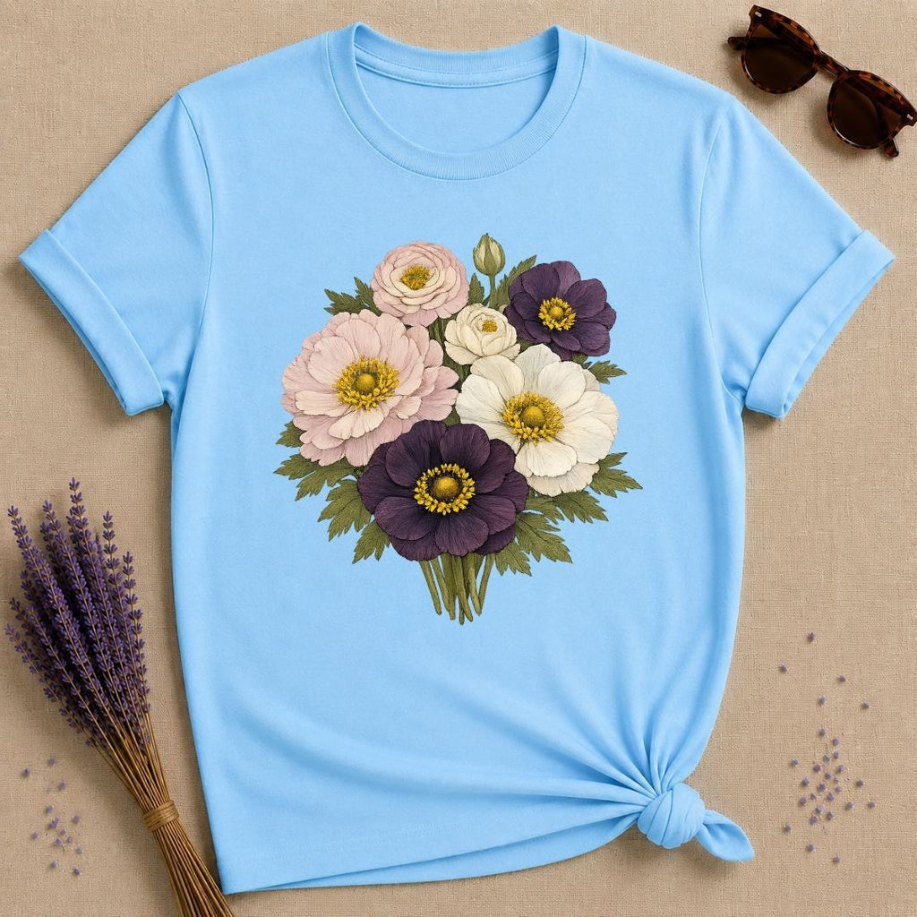 Mixed Anemone Bouquet — Botanical Illustration Graphic T-Shirt for Women in Sky