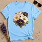 Mixed Anemone Bouquet — Botanical Illustration Graphic T-Shirt for Women in Sky