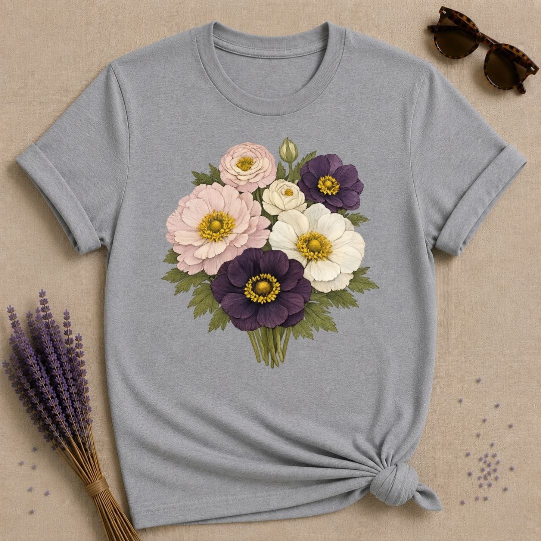 Mixed Anemone Bouquet — Botanical Illustration Graphic T-Shirt for Women in Sport Grey