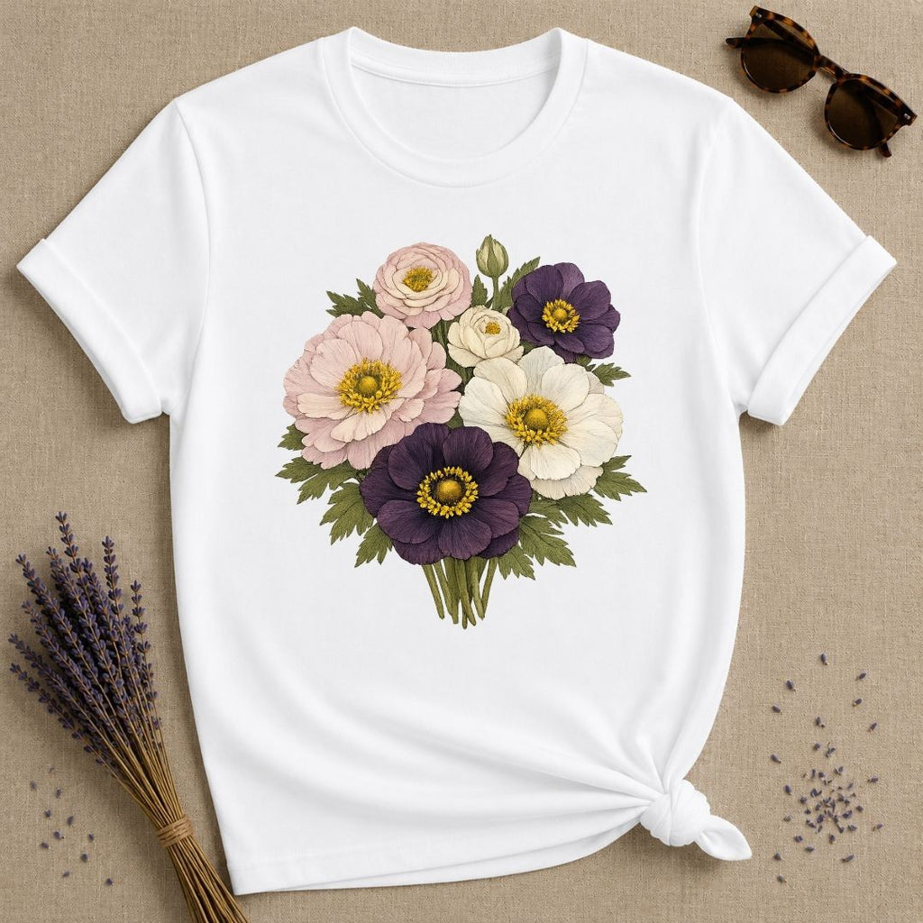 Mixed Anemone Bouquet — Botanical Illustration Graphic T-Shirt for Women in White