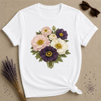 Mixed Anemone Bouquet — Botanical Illustration Graphic T-Shirt for Women in White