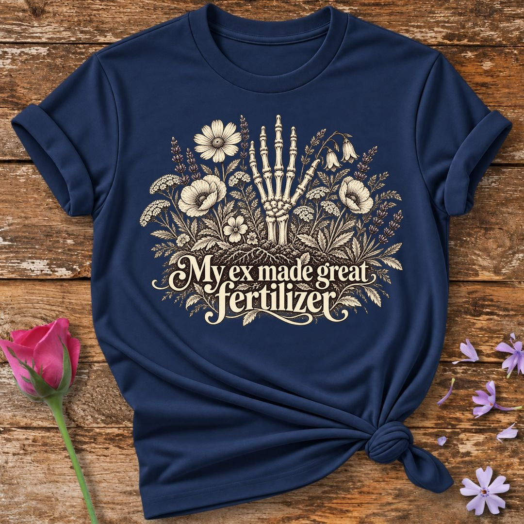 My Ex Made Great Fertilizer — Skeletal Hand Wildflower T-Shirt for Women in Navy