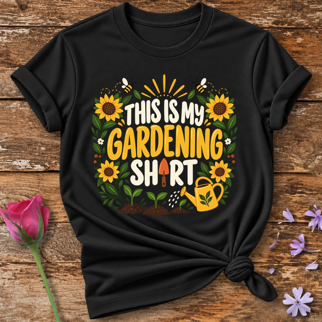 This Is My Gardening Shirt — Flat Vector Sunflower T-Shirt for Women in Black