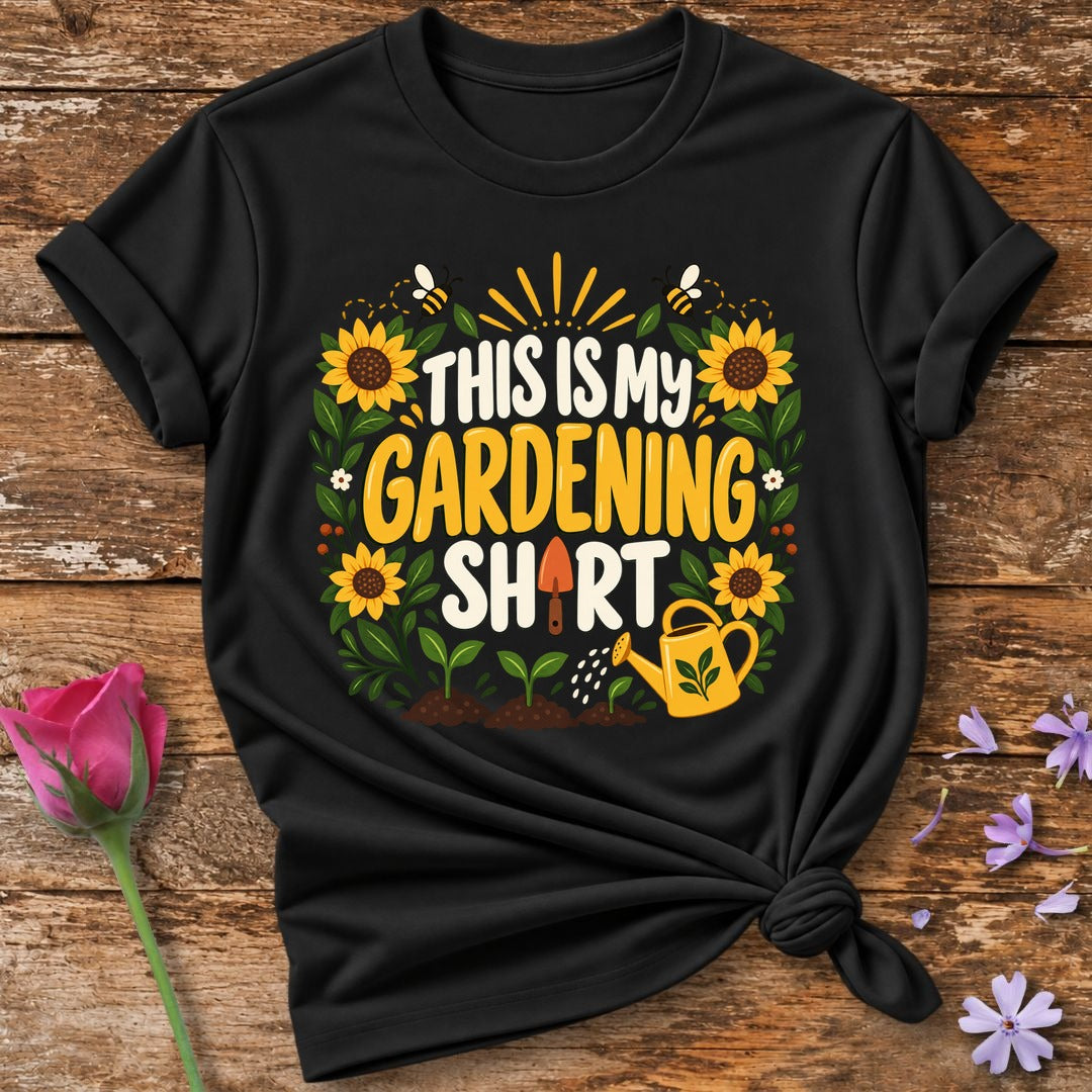 This Is My Gardening Shirt — Flat Vector Sunflower T-Shirt for Women in Black