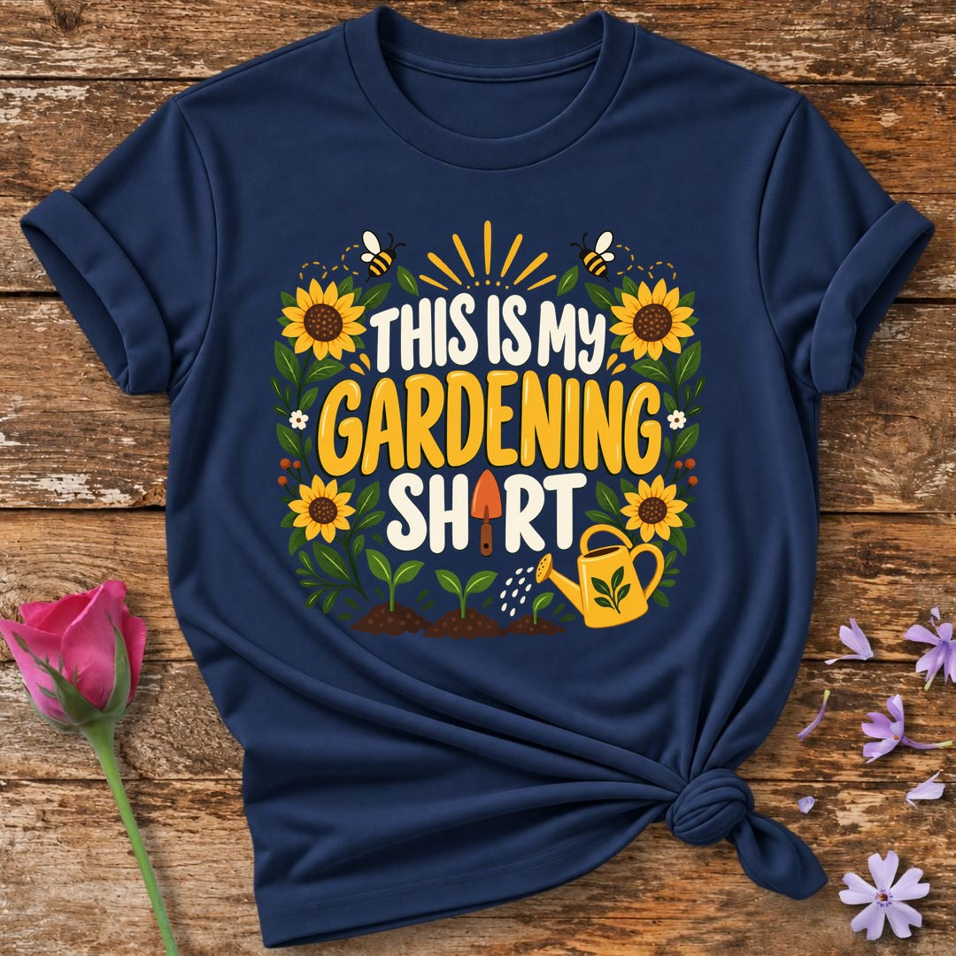 This Is My Gardening Shirt — Flat Vector Sunflower T-Shirt for Women in Navy