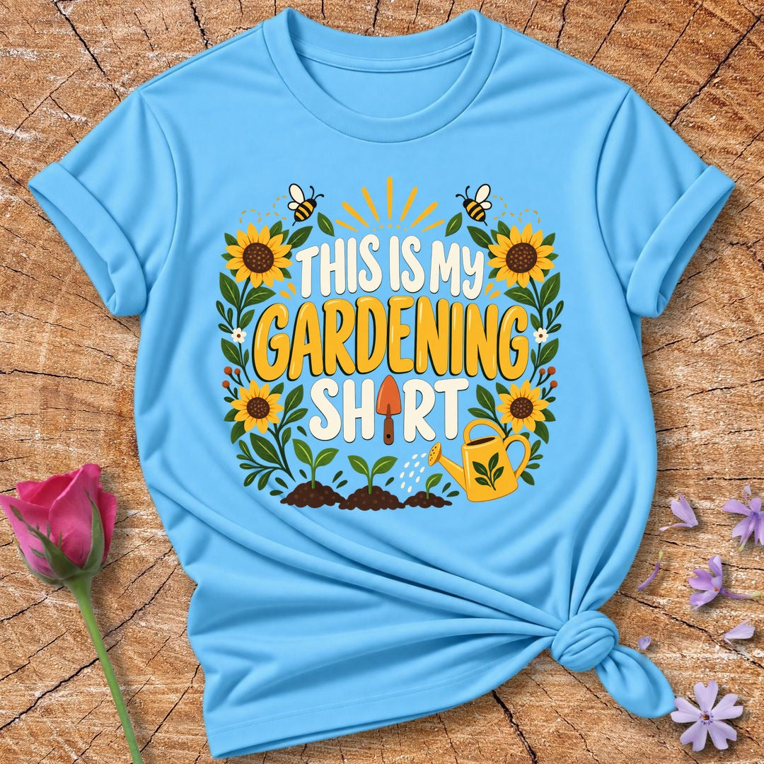 This Is My Gardening Shirt — Flat Vector Sunflower T-Shirt for Women in Sky