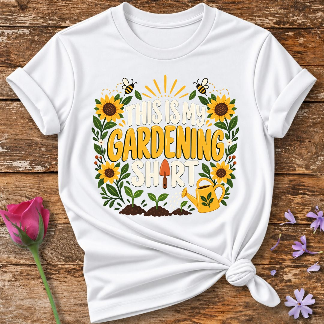 This Is My Gardening Shirt — Flat Vector Sunflower T-Shirt for Women in White