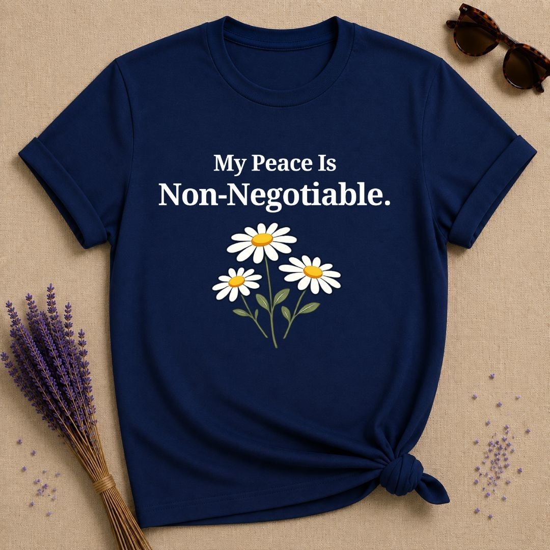 My Peace Is Non-Negotiable — Wildflower Daisy Boundaries T-Shirt for Women in Navy