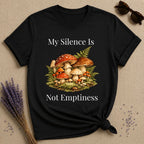 My Silence Is Not Emptiness — Mushroom Forest Botanical T-Shirt for Women in Black