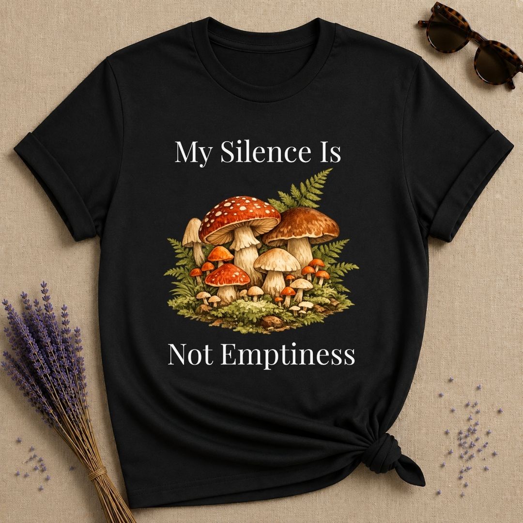 My Silence Is Not Emptiness — Mushroom Forest Botanical T-Shirt for Women in Black