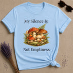 My Silence Is Not Emptiness — Mushroom Forest Botanical T-Shirt for Women in Light Blue