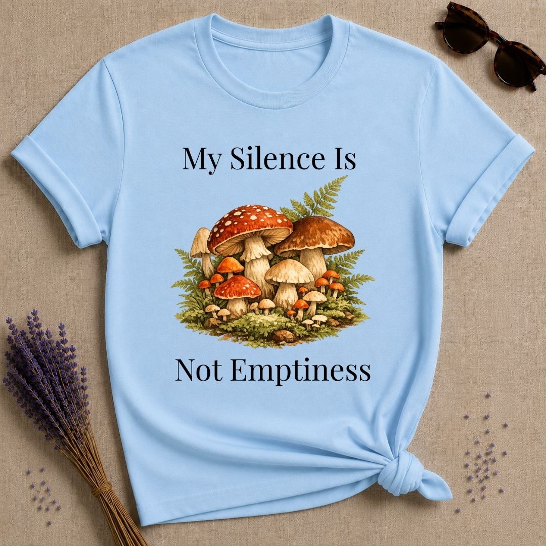 My Silence Is Not Emptiness — Mushroom Forest Botanical T-Shirt for Women in Light Blue
