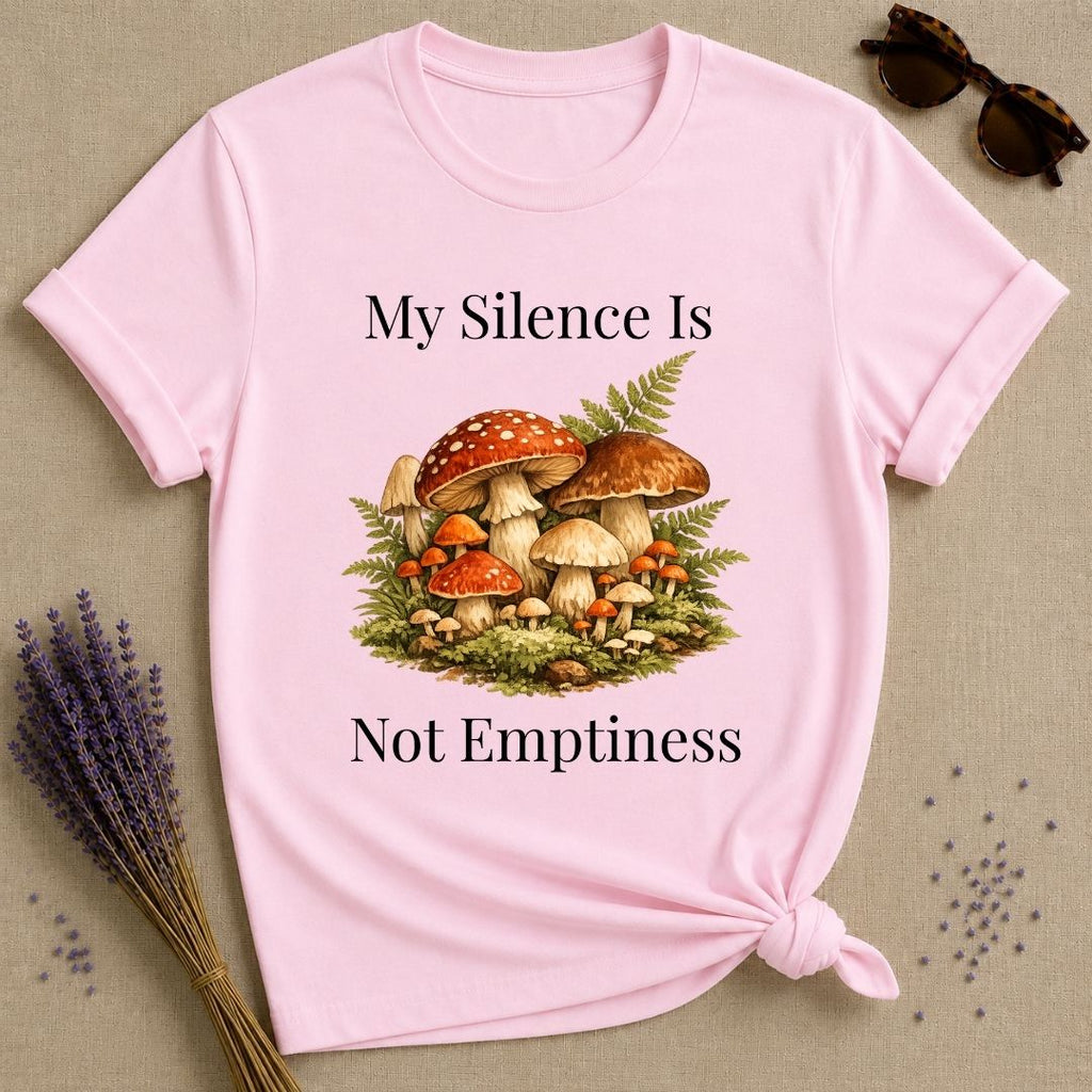 My Silence Is Not Emptiness — Mushroom Forest Botanical T-Shirt for Women in Light Pink