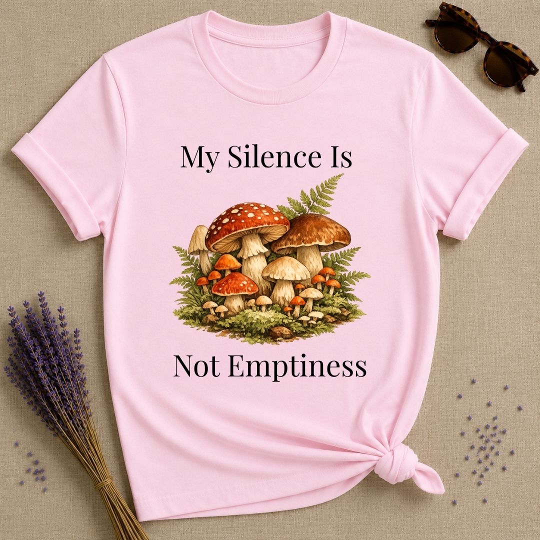 My Silence Is Not Emptiness — Mushroom Forest Botanical T-Shirt for Women in Light Pink