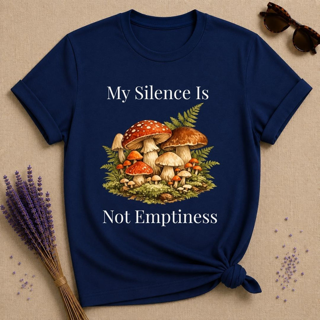 My Silence Is Not Emptiness — Mushroom Forest Botanical T-Shirt for Women in Navy