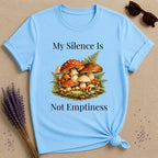 My Silence Is Not Emptiness — Mushroom Forest Botanical T-Shirt for Women in Sky
