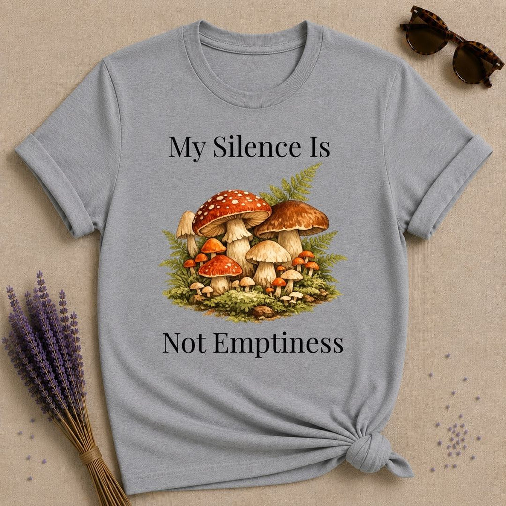 My Silence Is Not Emptiness — Mushroom Forest Botanical T-Shirt for Women in Sport Grey