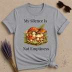 My Silence Is Not Emptiness — Mushroom Forest Botanical T-Shirt for Women in Sport Grey