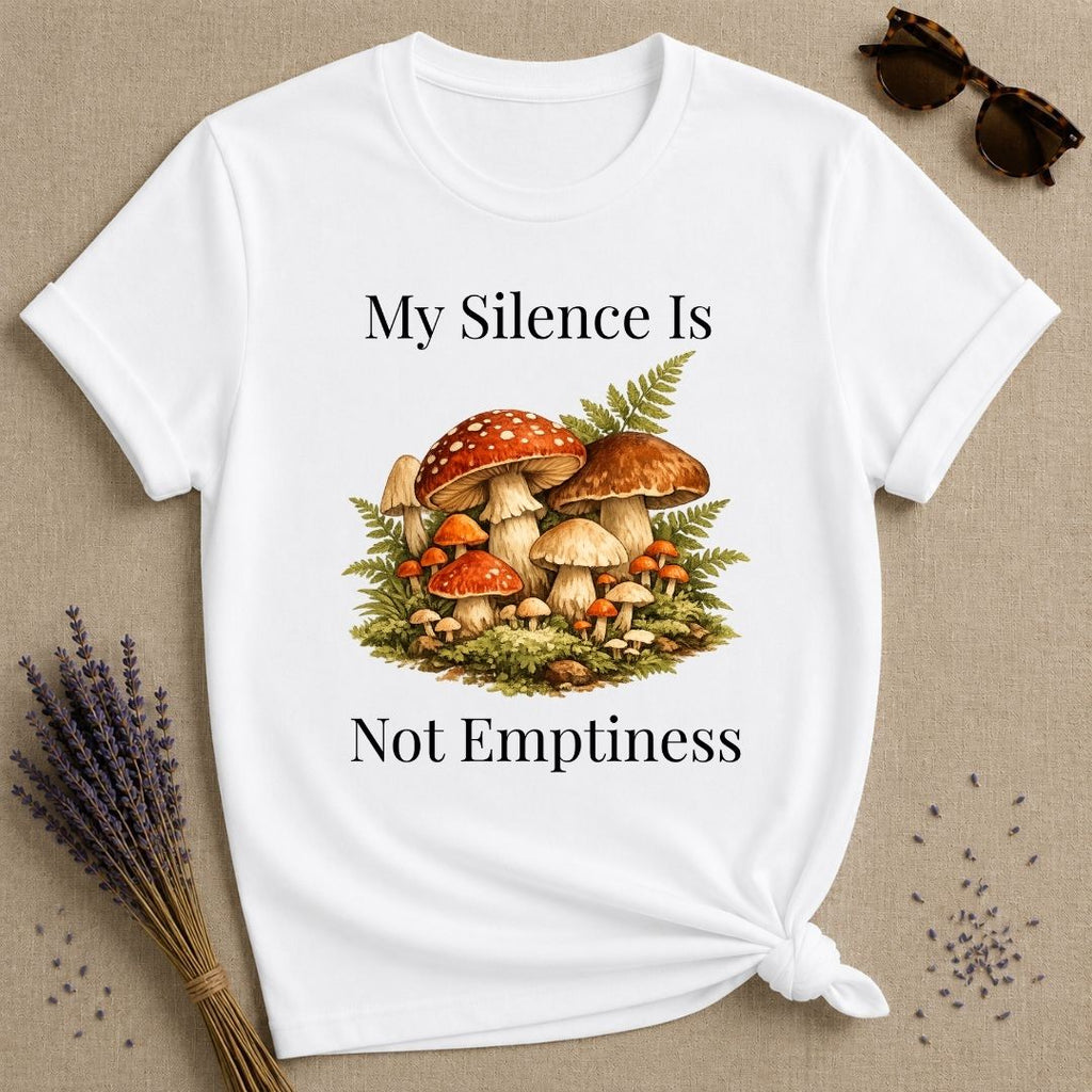 My Silence Is Not Emptiness — Mushroom Forest Botanical T-Shirt for Women in White