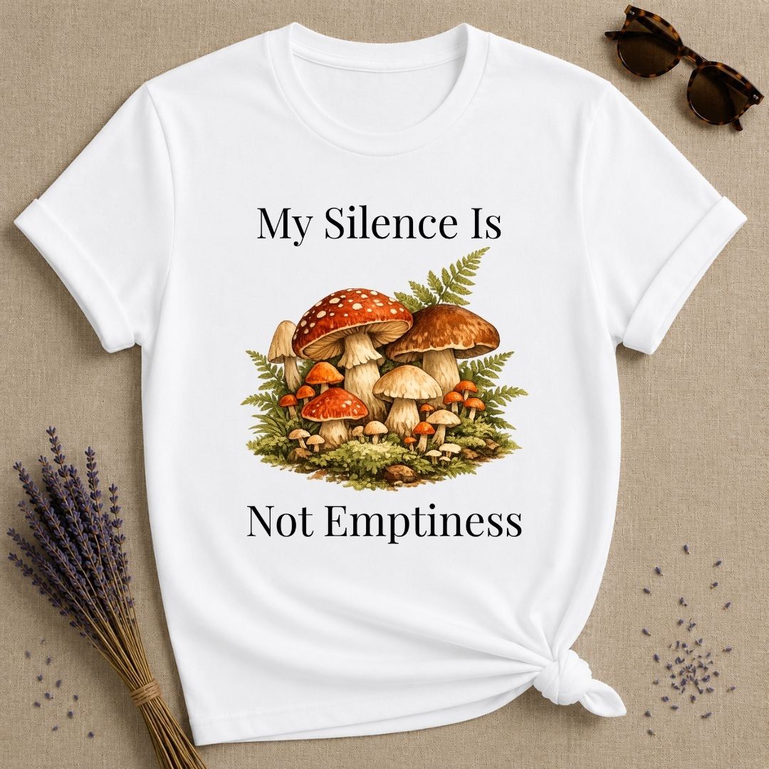 My Silence Is Not Emptiness — Mushroom Forest Botanical T-Shirt for Women in White