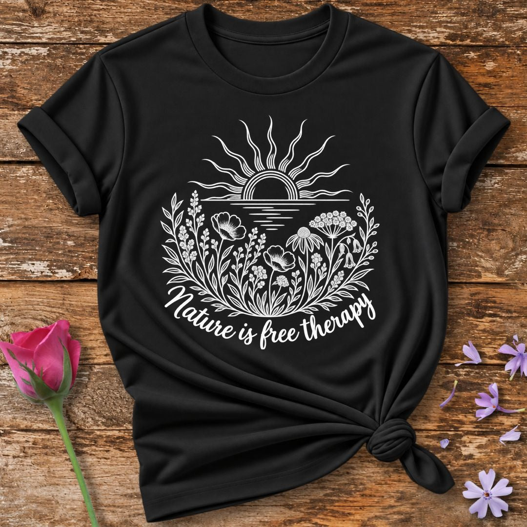 Nature Is Free Therapy — Rust Line Art Botanical T-Shirt for Women in Black