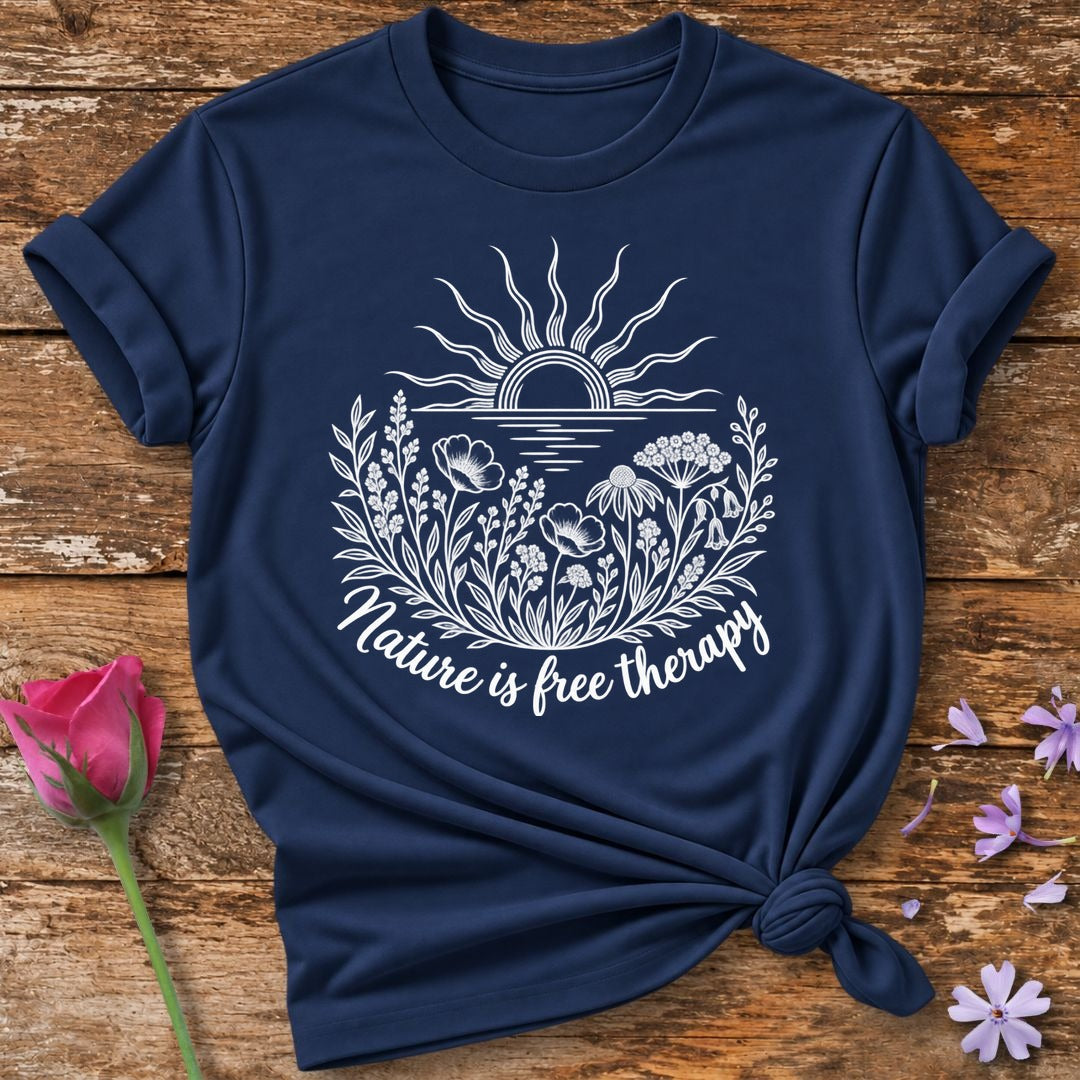Nature Is Free Therapy — Rust Line Art Botanical T-Shirt for Women in Navy
