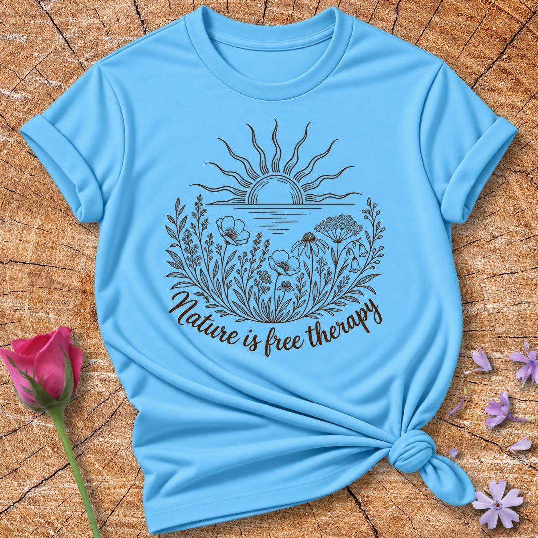 Nature Is Free Therapy — Rust Line Art Botanical T-Shirt for Women in Sky